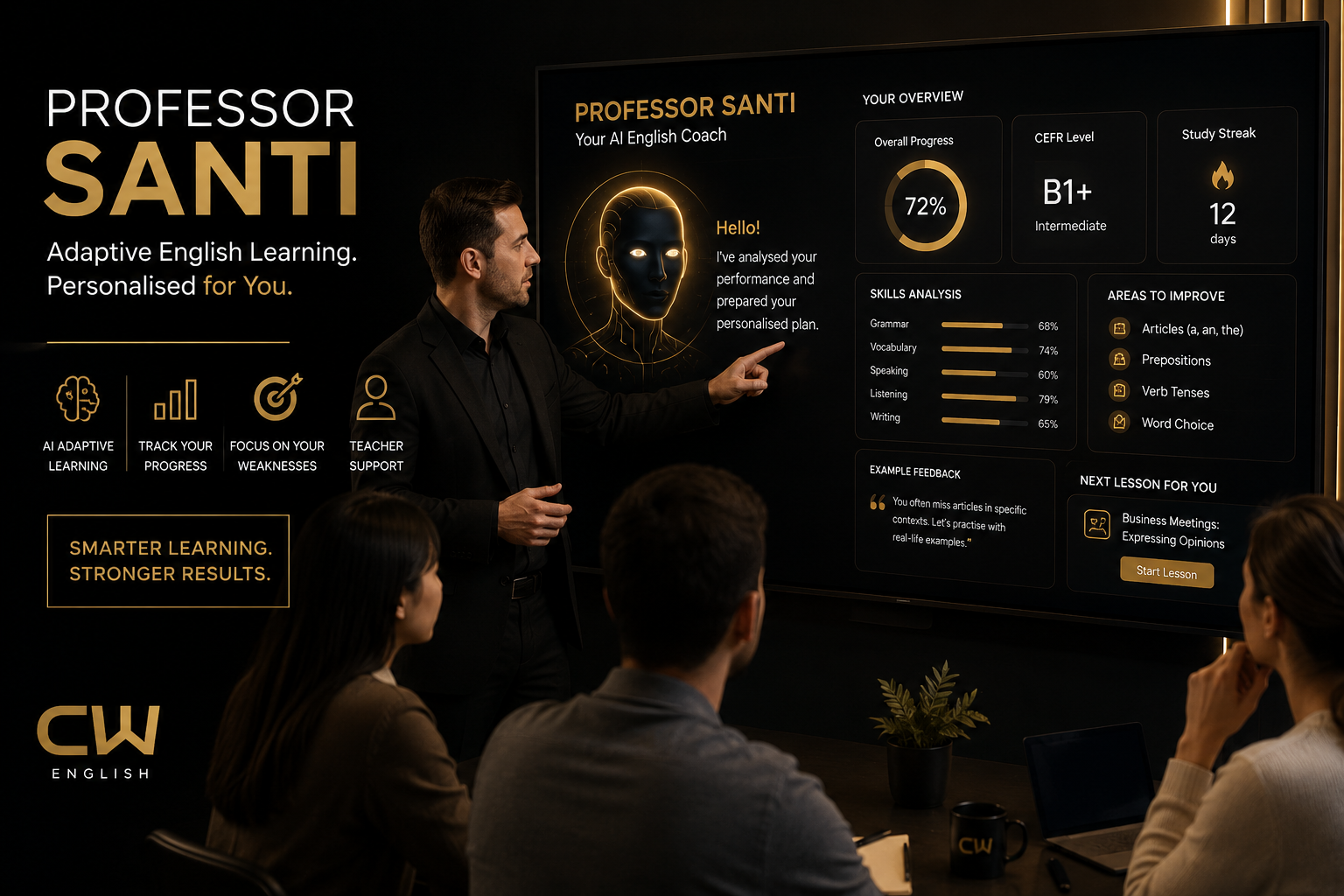 Professor Santi adaptive English learning dashboard with teacher and adult learners