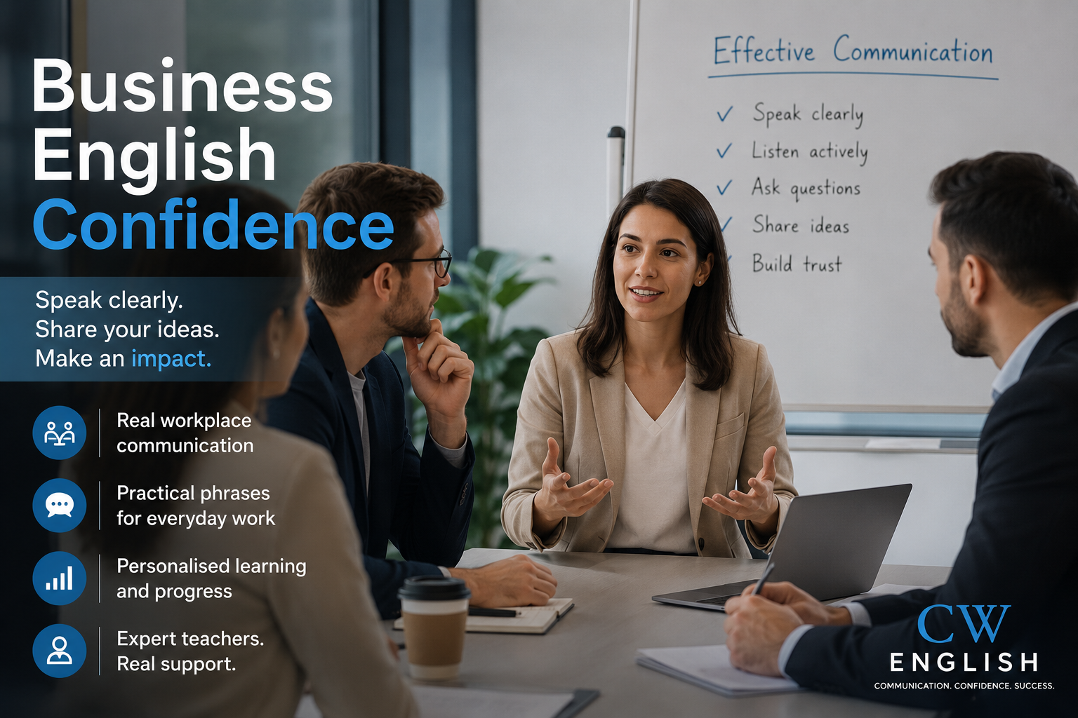 Business English confidence with professional learners practising workplace communication