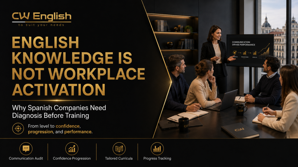 CW English branded image showing a professional workplace meeting and presentation about the Business English activation gap, diagnosis, confidence progression, tailored curricula, and progress tracking.