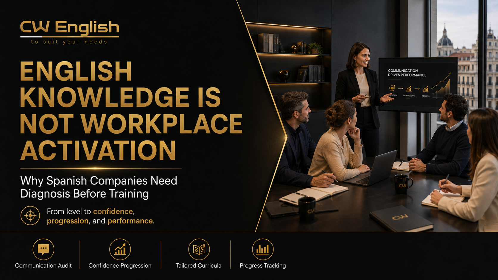 CW English branded image showing a professional workplace meeting and presentation about the Business English activation gap, diagnosis, confidence progression, tailored curricula, and progress tracking.